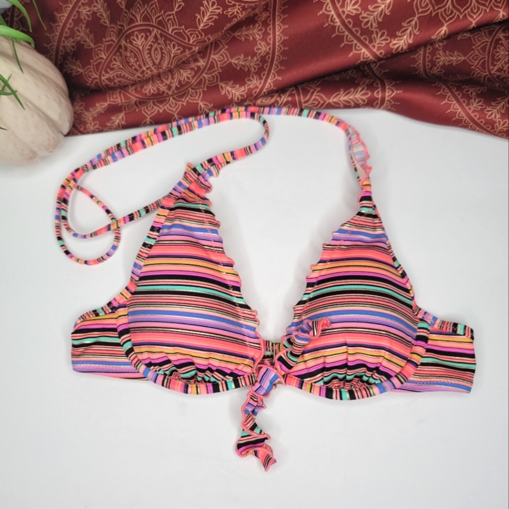 Victoria's Secret Halter Bikini Top Pink Stripes Size 32A